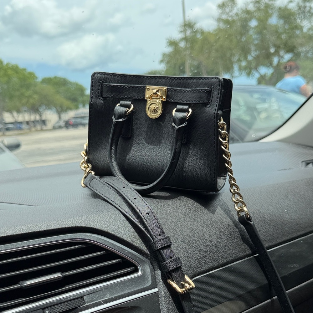 Black Saffiano Leather Mini Satchel with Gold Hardware